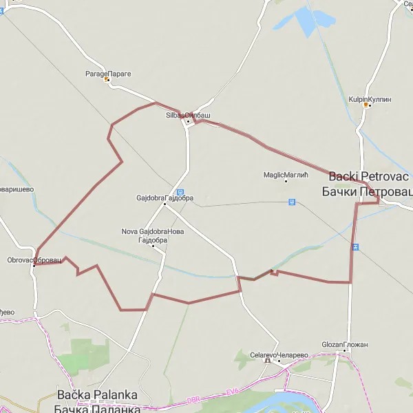 Map miniature of "Obrovac - Backi Petrovac Gravel Route" cycling inspiration in Autonomous Province of Vojvodina, Serbia. Generated by Tarmacs.app cycling route planner