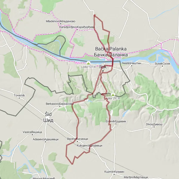 Map miniature of "Obrovac - Bačka Palanka Gravel Route" cycling inspiration in Autonomous Province of Vojvodina, Serbia. Generated by Tarmacs.app cycling route planner