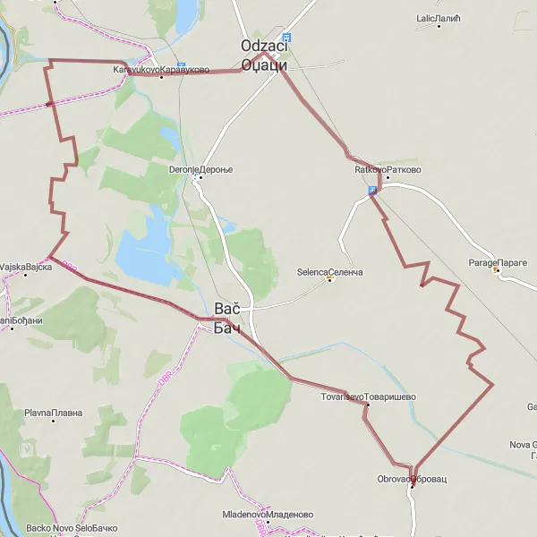 Map miniature of "Obrovac - Karavukovo Gravel Route" cycling inspiration in Autonomous Province of Vojvodina, Serbia. Generated by Tarmacs.app cycling route planner