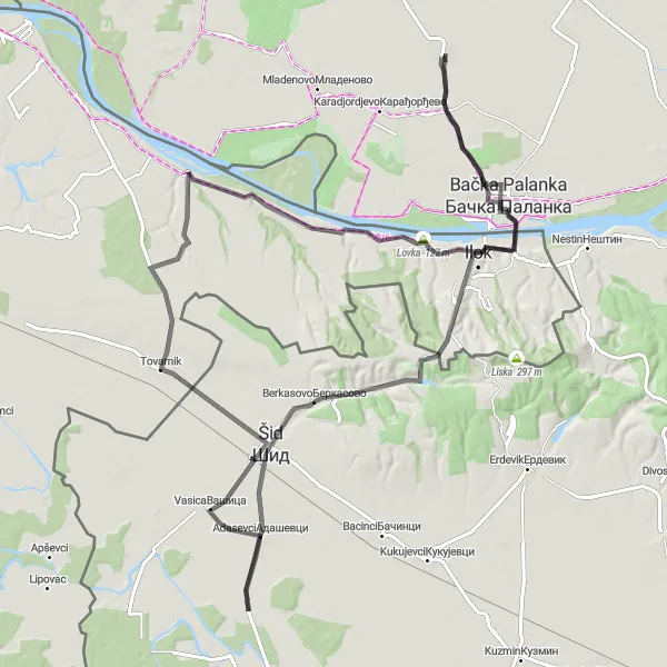 Map miniature of "Obrovac Road Route II" cycling inspiration in Autonomous Province of Vojvodina, Serbia. Generated by Tarmacs.app cycling route planner