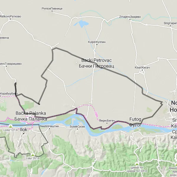 Map miniature of "Obrovac - Backi Petrovac Road Route" cycling inspiration in Autonomous Province of Vojvodina, Serbia. Generated by Tarmacs.app cycling route planner