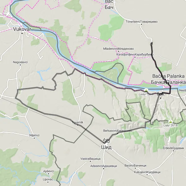Map miniature of "Obrovac Road Route" cycling inspiration in Autonomous Province of Vojvodina, Serbia. Generated by Tarmacs.app cycling route planner