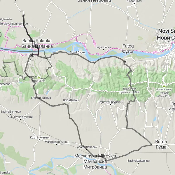 Map miniature of "Obrovac Scenic Route" cycling inspiration in Autonomous Province of Vojvodina, Serbia. Generated by Tarmacs.app cycling route planner