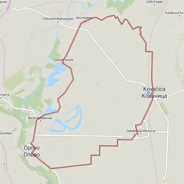 Map miniature of "Opovo - Sakule - Kovačica Loop" cycling inspiration in Autonomous Province of Vojvodina, Serbia. Generated by Tarmacs.app cycling route planner