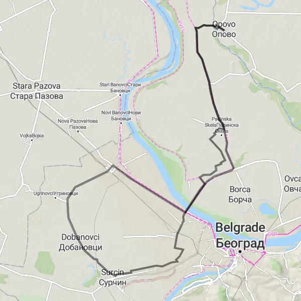 Map miniature of "Opovo - Besni Fok Circular Route" cycling inspiration in Autonomous Province of Vojvodina, Serbia. Generated by Tarmacs.app cycling route planner
