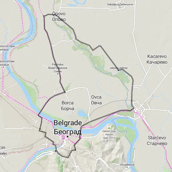 Map miniature of "Opovo - Pančevo - Dedinje Loop" cycling inspiration in Autonomous Province of Vojvodina, Serbia. Generated by Tarmacs.app cycling route planner