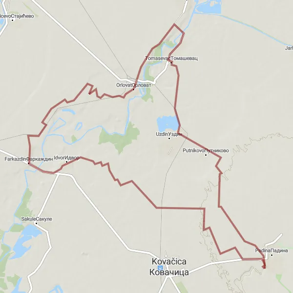 Map miniature of "Tomasevac and Idvor Gravel Loop" cycling inspiration in Autonomous Province of Vojvodina, Serbia. Generated by Tarmacs.app cycling route planner