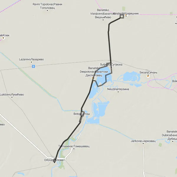 Map miniature of "Botos and Sutjeska Road Loop" cycling inspiration in Autonomous Province of Vojvodina, Serbia. Generated by Tarmacs.app cycling route planner