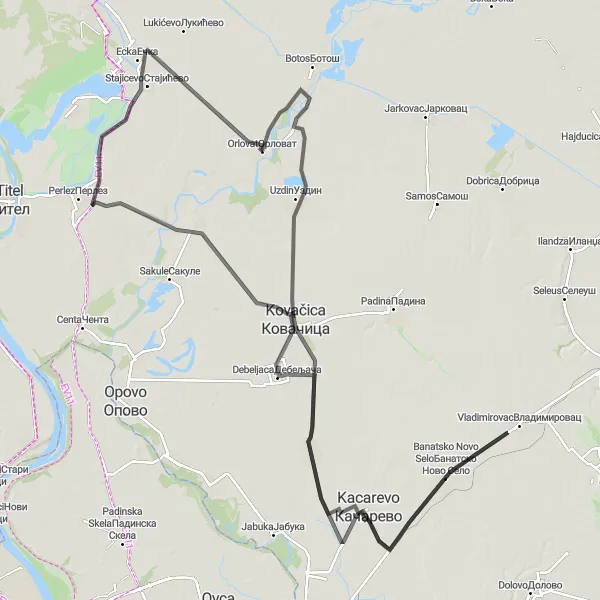 Map miniature of "Uzdin and Kacarevo Loop" cycling inspiration in Autonomous Province of Vojvodina, Serbia. Generated by Tarmacs.app cycling route planner