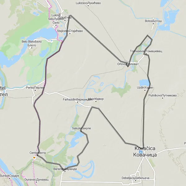 Map miniature of "Uzdin and Kovacica Loop" cycling inspiration in Autonomous Province of Vojvodina, Serbia. Generated by Tarmacs.app cycling route planner