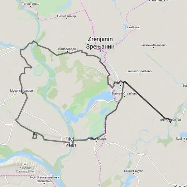 Map miniature of "Stajicevo and Titel Adventure" cycling inspiration in Autonomous Province of Vojvodina, Serbia. Generated by Tarmacs.app cycling route planner