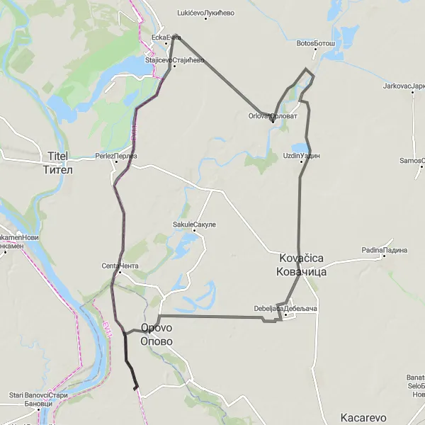 Map miniature of "The Opovo Road Expedition" cycling inspiration in Autonomous Province of Vojvodina, Serbia. Generated by Tarmacs.app cycling route planner