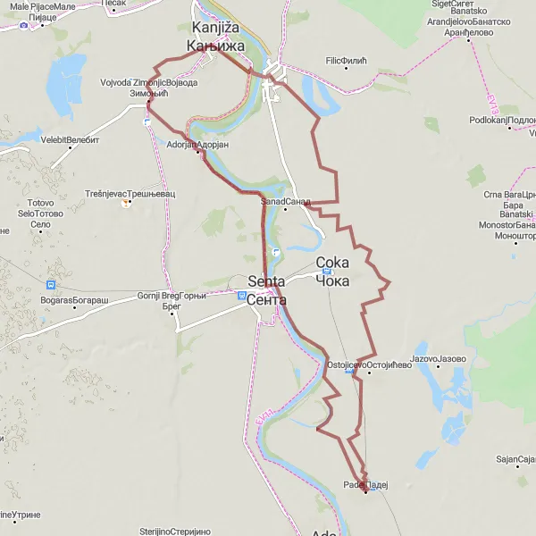 Map miniature of "Gravel Adventure to Vojvoda Zimonjic" cycling inspiration in Autonomous Province of Vojvodina, Serbia. Generated by Tarmacs.app cycling route planner