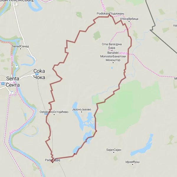 Map miniature of "The Podlokanj Gravel Ride" cycling inspiration in Autonomous Province of Vojvodina, Serbia. Generated by Tarmacs.app cycling route planner