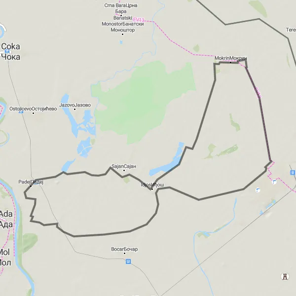 Map miniature of "Padej Circuit" cycling inspiration in Autonomous Province of Vojvodina, Serbia. Generated by Tarmacs.app cycling route planner