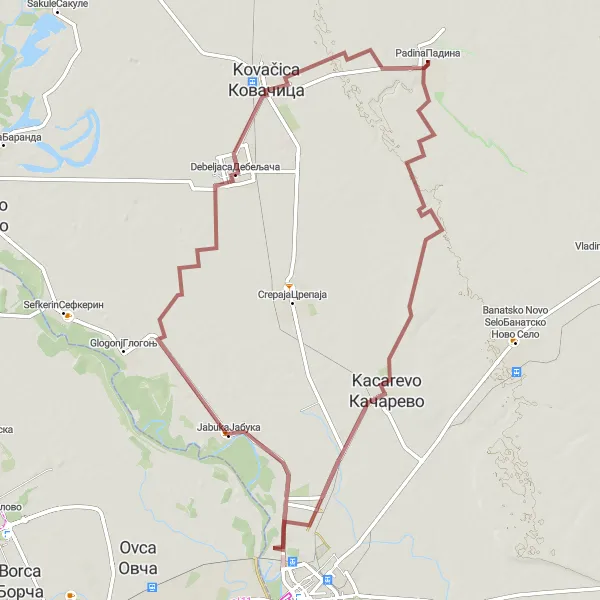 Map miniature of "Gravel Ride to Kovačica" cycling inspiration in Autonomous Province of Vojvodina, Serbia. Generated by Tarmacs.app cycling route planner