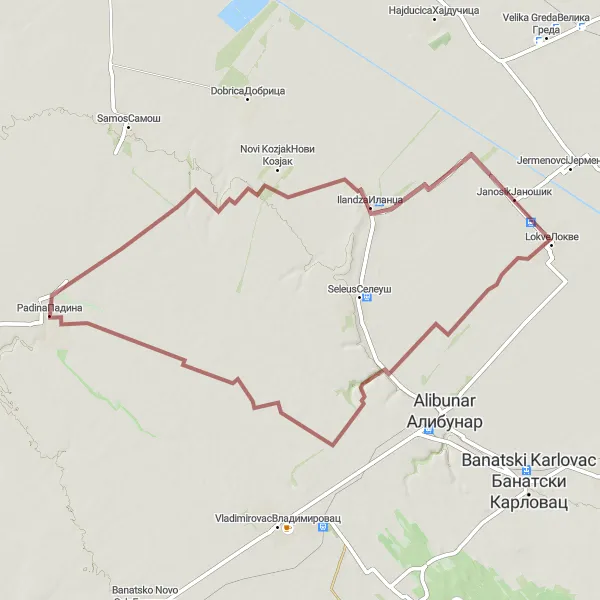 Map miniature of "Uncharted Paths of Novi Kozjak" cycling inspiration in Autonomous Province of Vojvodina, Serbia. Generated by Tarmacs.app cycling route planner