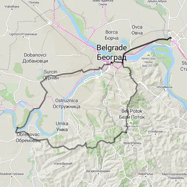 Map miniature of "Exploring Belgrade Suburbs" cycling inspiration in Autonomous Province of Vojvodina, Serbia. Generated by Tarmacs.app cycling route planner