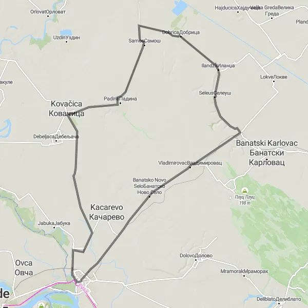 Map miniature of "The Challenging Climb to Vladimirovac and Banatsko Novo Selo" cycling inspiration in Autonomous Province of Vojvodina, Serbia. Generated by Tarmacs.app cycling route planner