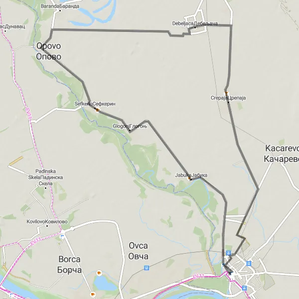 Map miniature of "Jabuka Circuit" cycling inspiration in Autonomous Province of Vojvodina, Serbia. Generated by Tarmacs.app cycling route planner