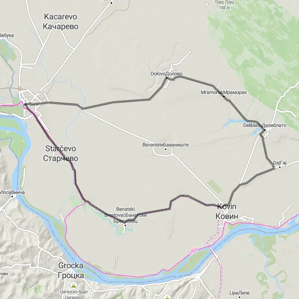 Map miniature of "The Pančevo Delights Road Cycling Route" cycling inspiration in Autonomous Province of Vojvodina, Serbia. Generated by Tarmacs.app cycling route planner