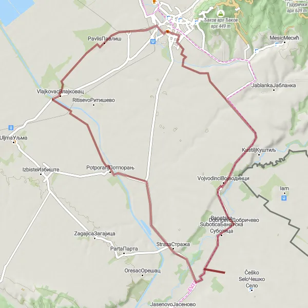 Map miniature of "Scenic Gravel Ride" cycling inspiration in Autonomous Province of Vojvodina, Serbia. Generated by Tarmacs.app cycling route planner