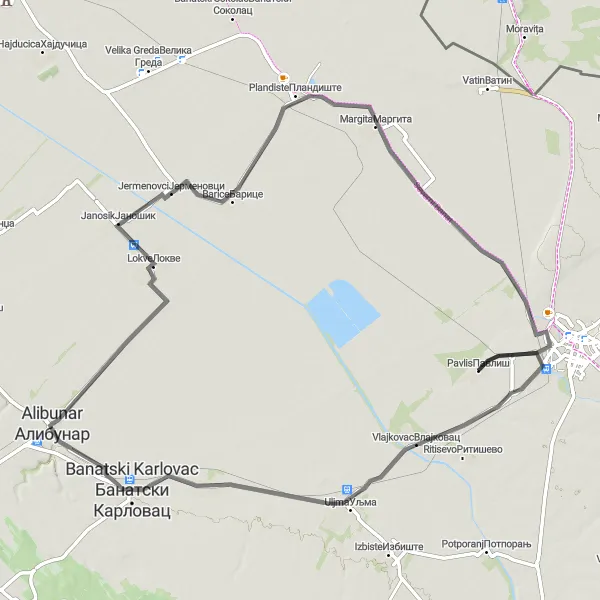 Map miniature of "Voyage through Alibunar" cycling inspiration in Autonomous Province of Vojvodina, Serbia. Generated by Tarmacs.app cycling route planner