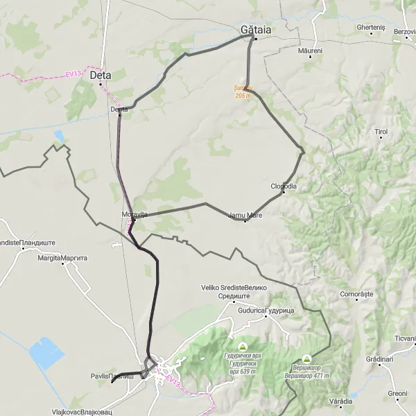 Map miniature of "The Eastern Loop" cycling inspiration in Autonomous Province of Vojvodina, Serbia. Generated by Tarmacs.app cycling route planner