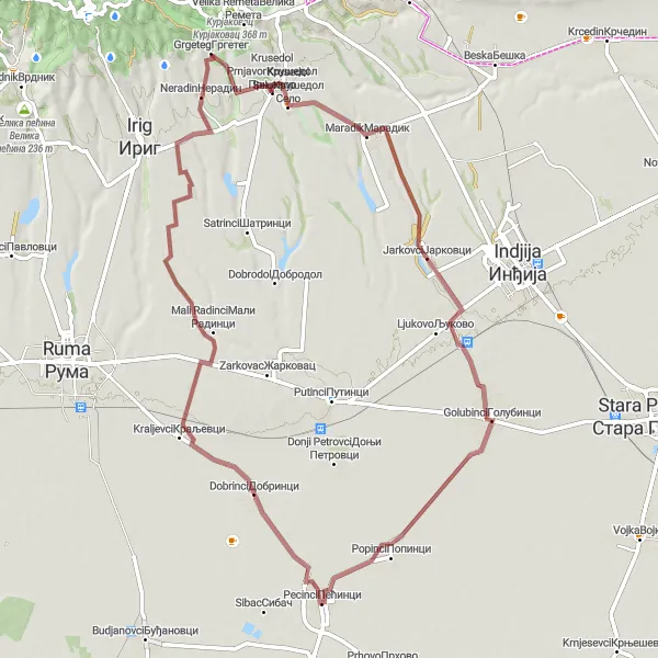 Map miniature of "Pećinci - Dobrinci - Neradin - Jarkovci - Golubinci Loop" cycling inspiration in Autonomous Province of Vojvodina, Serbia. Generated by Tarmacs.app cycling route planner