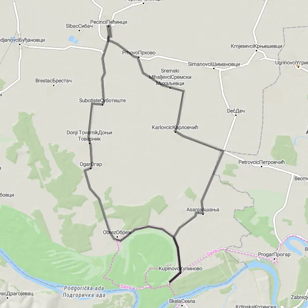 Map miniature of "Kupinovo Road Cycling Adventure" cycling inspiration in Autonomous Province of Vojvodina, Serbia. Generated by Tarmacs.app cycling route planner