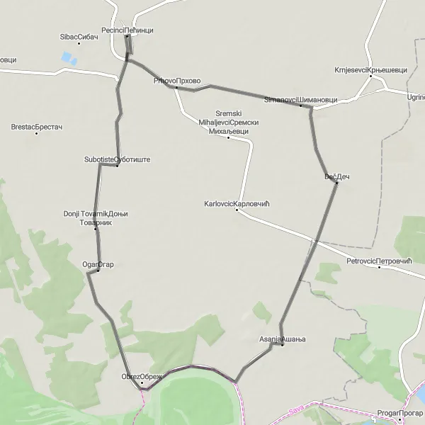 Map miniature of "Simanovci Loop" cycling inspiration in Autonomous Province of Vojvodina, Serbia. Generated by Tarmacs.app cycling route planner