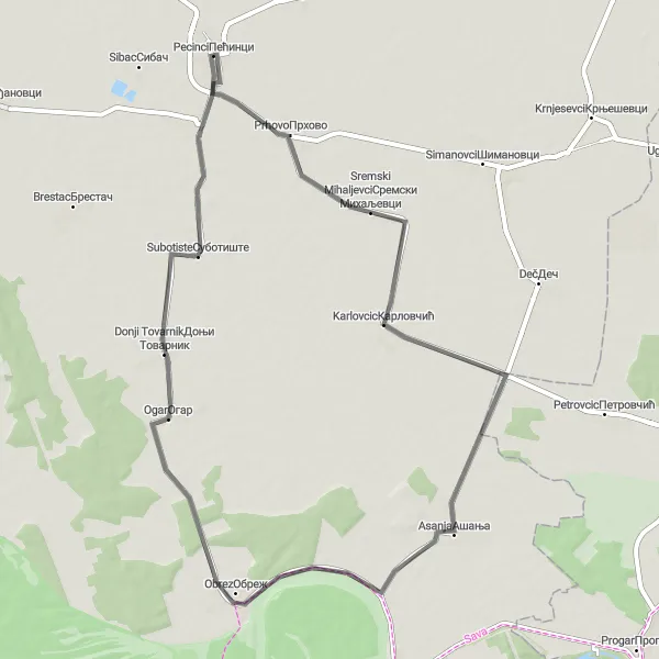 Map miniature of "Pećinci - Karlovčić - Asanja - Ogar - Subotiste Loop" cycling inspiration in Autonomous Province of Vojvodina, Serbia. Generated by Tarmacs.app cycling route planner