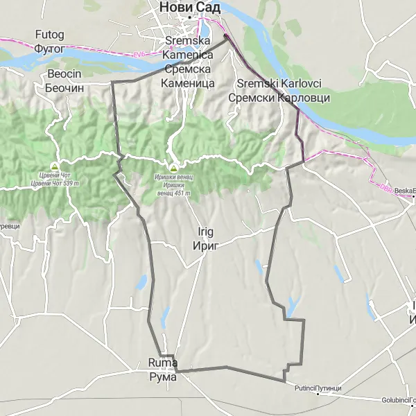 Map miniature of "Sremski Karlovci and Zarkovac Road Route" cycling inspiration in Autonomous Province of Vojvodina, Serbia. Generated by Tarmacs.app cycling route planner