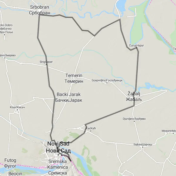 Map miniature of "Sirig and Žabalj Road Route" cycling inspiration in Autonomous Province of Vojvodina, Serbia. Generated by Tarmacs.app cycling route planner