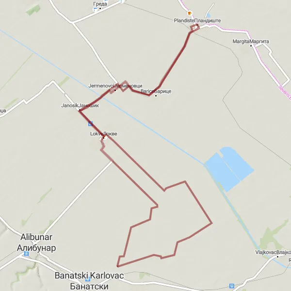 Map miniature of "Lokve Gravel Route" cycling inspiration in Autonomous Province of Vojvodina, Serbia. Generated by Tarmacs.app cycling route planner