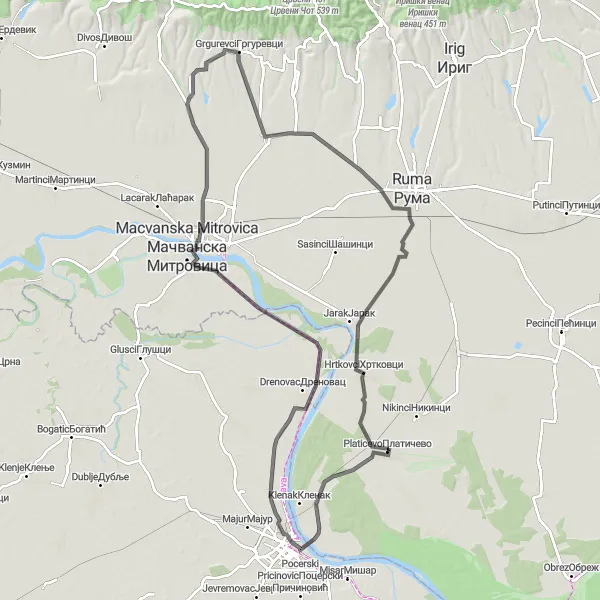 Map miniature of "Picturesque Cycling Tour of Šabac and Surroundings" cycling inspiration in Autonomous Province of Vojvodina, Serbia. Generated by Tarmacs.app cycling route planner