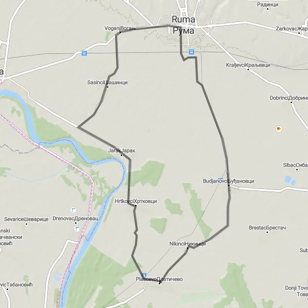 Map miniature of "Scenic Road Cycling Loop in Ruma" cycling inspiration in Autonomous Province of Vojvodina, Serbia. Generated by Tarmacs.app cycling route planner