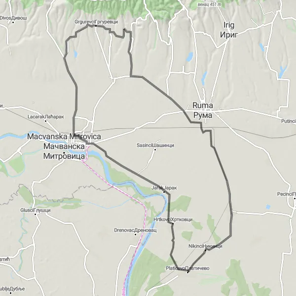 Map miniature of "Enchanting Road Cycling Loop near Platičevo" cycling inspiration in Autonomous Province of Vojvodina, Serbia. Generated by Tarmacs.app cycling route planner