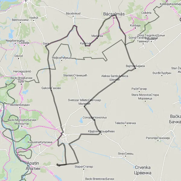 Map miniature of "Danube Magic: Prigrevica to Kljajicevo" cycling inspiration in Autonomous Province of Vojvodina, Serbia. Generated by Tarmacs.app cycling route planner