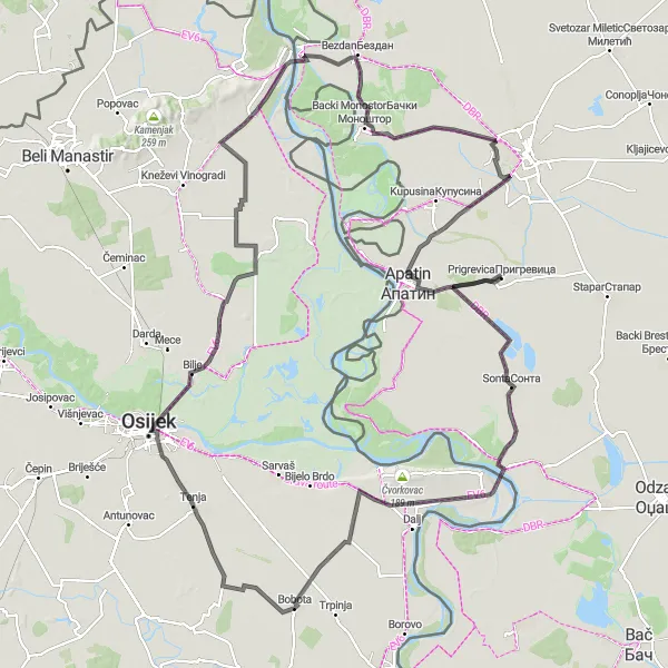 Map miniature of "Danube Delights: Svilojevo to Zmajevac" cycling inspiration in Autonomous Province of Vojvodina, Serbia. Generated by Tarmacs.app cycling route planner