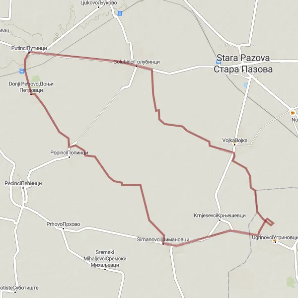 Map miniature of "Golubinci to Donji Petrovci Gravel Ride" cycling inspiration in Autonomous Province of Vojvodina, Serbia. Generated by Tarmacs.app cycling route planner