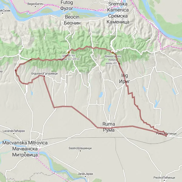 Map miniature of "Scenic Gravel Ride to Ruma, Veliki Radinci, and Irig" cycling inspiration in Autonomous Province of Vojvodina, Serbia. Generated by Tarmacs.app cycling route planner