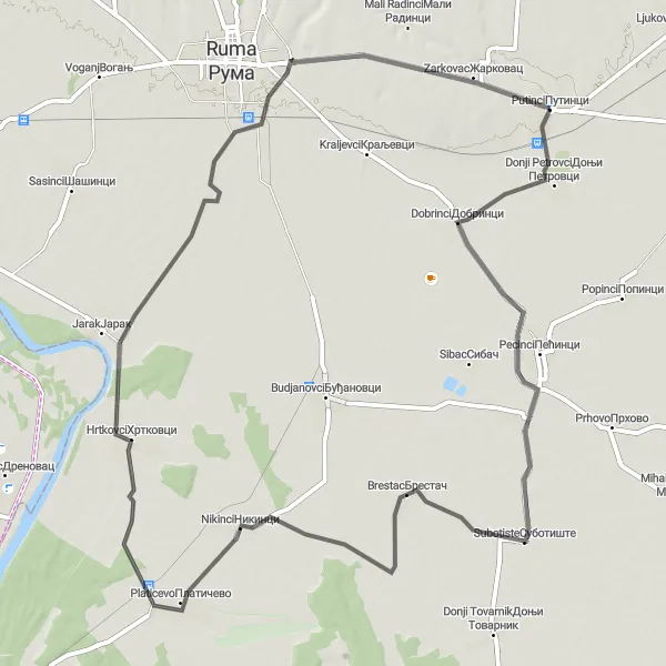 Map miniature of "Putinci to Hrtkovci Loop" cycling inspiration in Autonomous Province of Vojvodina, Serbia. Generated by Tarmacs.app cycling route planner