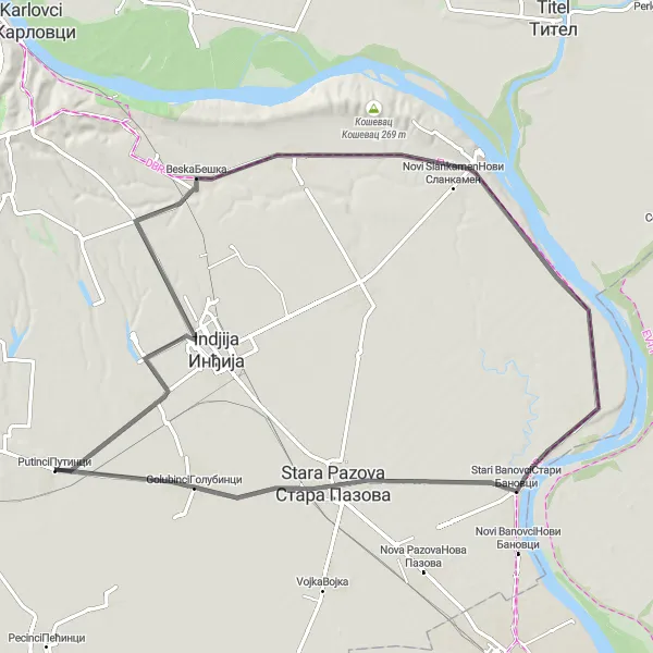 Map miniature of "Road Cycling Adventure to Ljukovo, Krcedin, Belegis, and Golubinci" cycling inspiration in Autonomous Province of Vojvodina, Serbia. Generated by Tarmacs.app cycling route planner