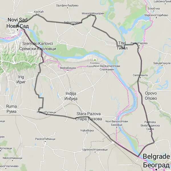 Map miniature of "Road Cycling Adventure to Krusedol Prnjavor, KT1 Banstol, and Petrovaradin" cycling inspiration in Autonomous Province of Vojvodina, Serbia. Generated by Tarmacs.app cycling route planner