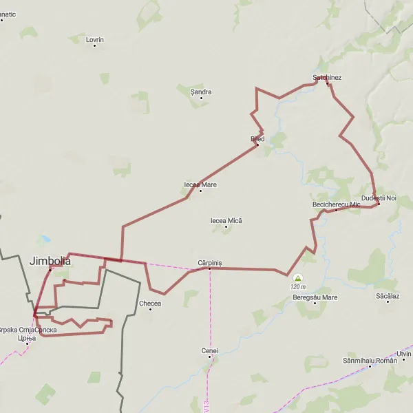 Map miniature of "Vršački Bregovi Loop" cycling inspiration in Autonomous Province of Vojvodina, Serbia. Generated by Tarmacs.app cycling route planner