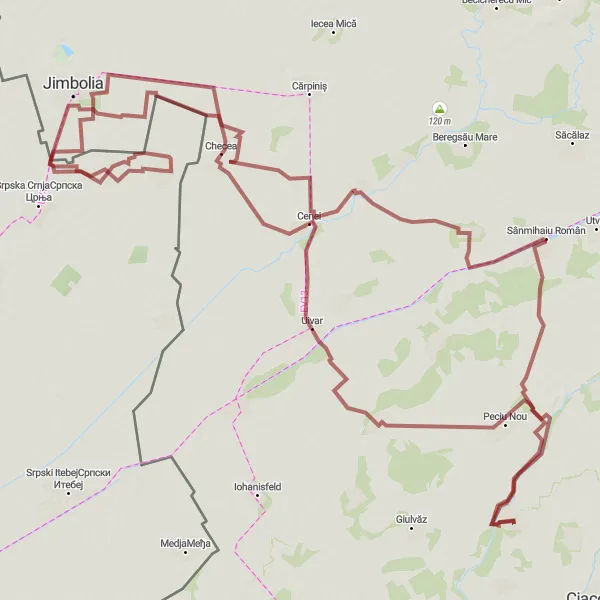 Map miniature of "Cenei Plateau Challenge" cycling inspiration in Autonomous Province of Vojvodina, Serbia. Generated by Tarmacs.app cycling route planner