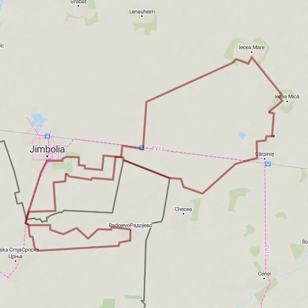 Map miniature of "Jimbolia Loop" cycling inspiration in Autonomous Province of Vojvodina, Serbia. Generated by Tarmacs.app cycling route planner