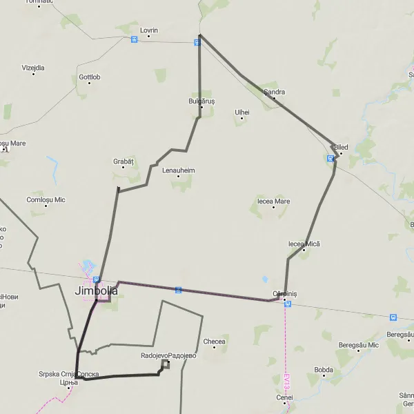 Map miniature of "The Border Towns Loop" cycling inspiration in Autonomous Province of Vojvodina, Serbia. Generated by Tarmacs.app cycling route planner