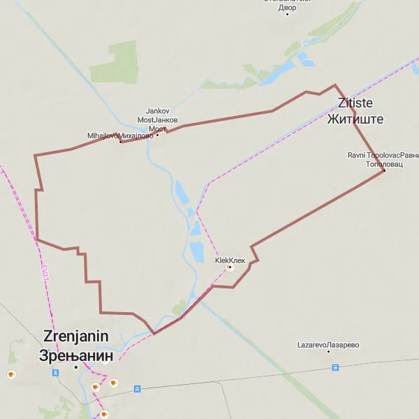 Map miniature of "Exploring Nature by Gravel" cycling inspiration in Autonomous Province of Vojvodina, Serbia. Generated by Tarmacs.app cycling route planner